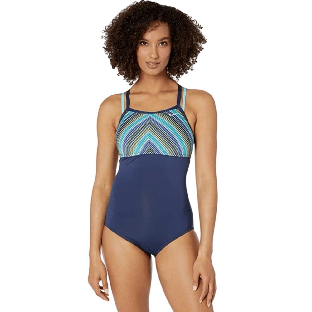 Nike NWT Swim Womens Poly Core Chevron One Piece Swimsuit Navy Blue Medium